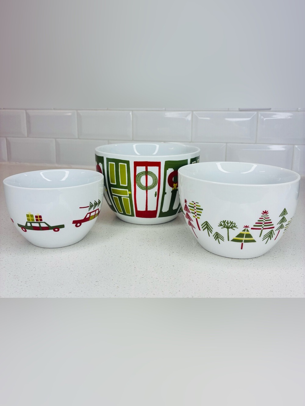 Vtg Crate & Barrel Julia Rothman Set Of 3 Stacking Bowls 6”,5”& 4-1/2” Christmas